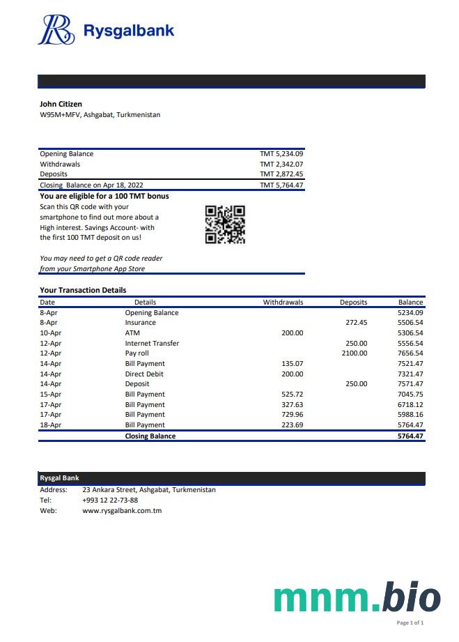 Turkmenistan Halkbank dowód adresu szablon wyciągu bankowego w formacie Word i PDF,.doc i .format pdf